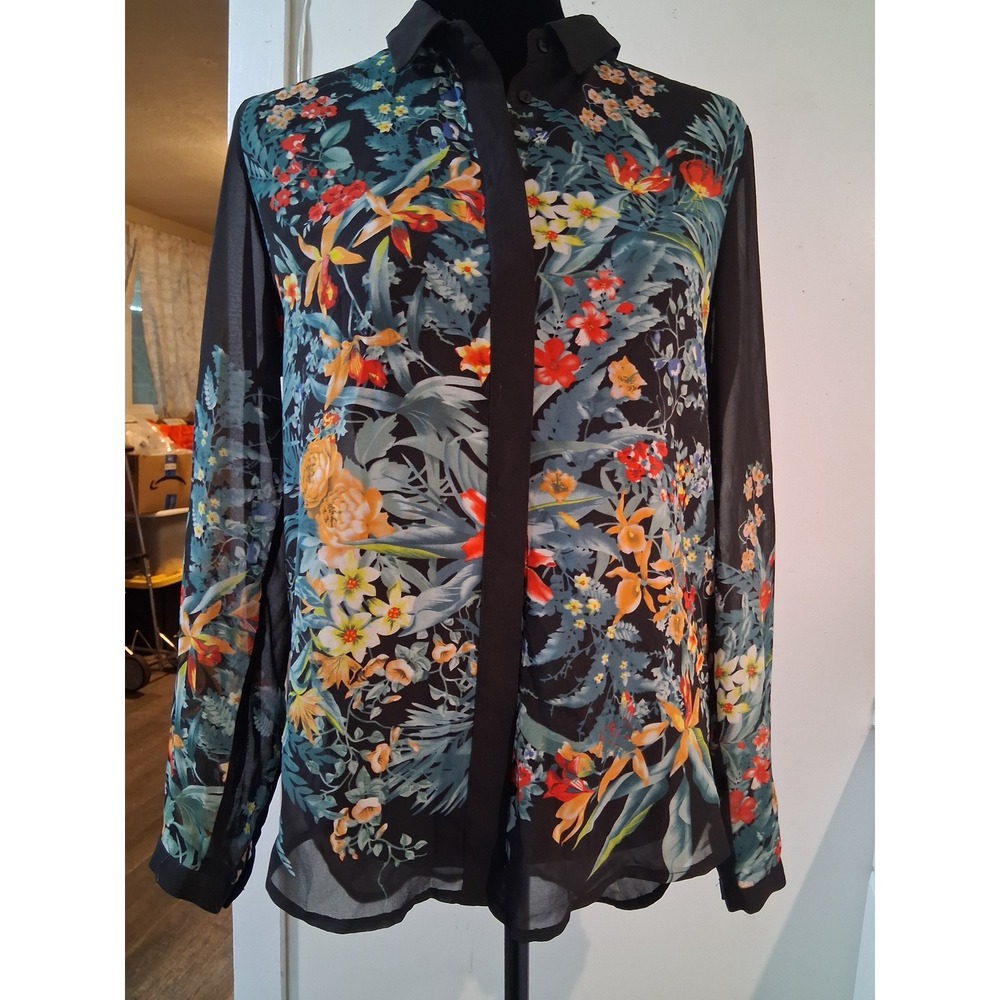 Bardot Womens Tropical Floral Sheer Button Down Blouse Black Multi Size 6 S
